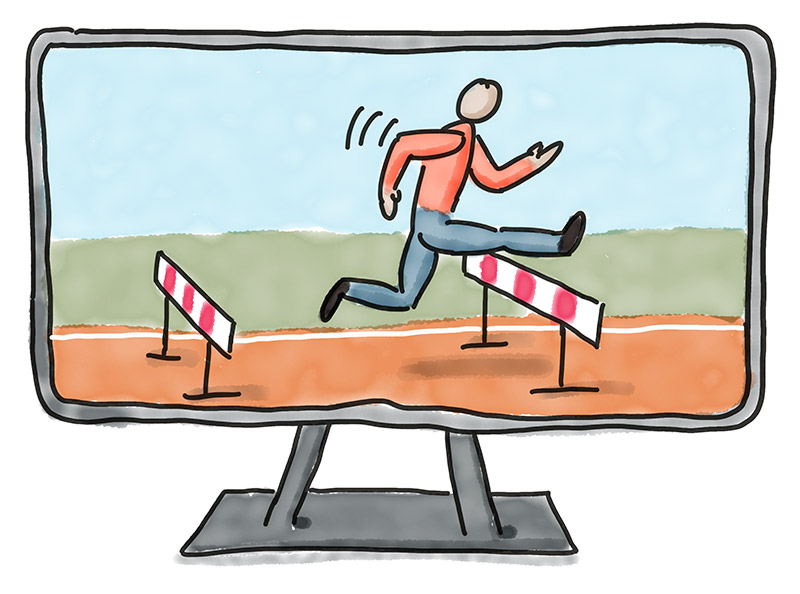 Illustration E-tivities: Läufer springt über Hürden in Monitorbild