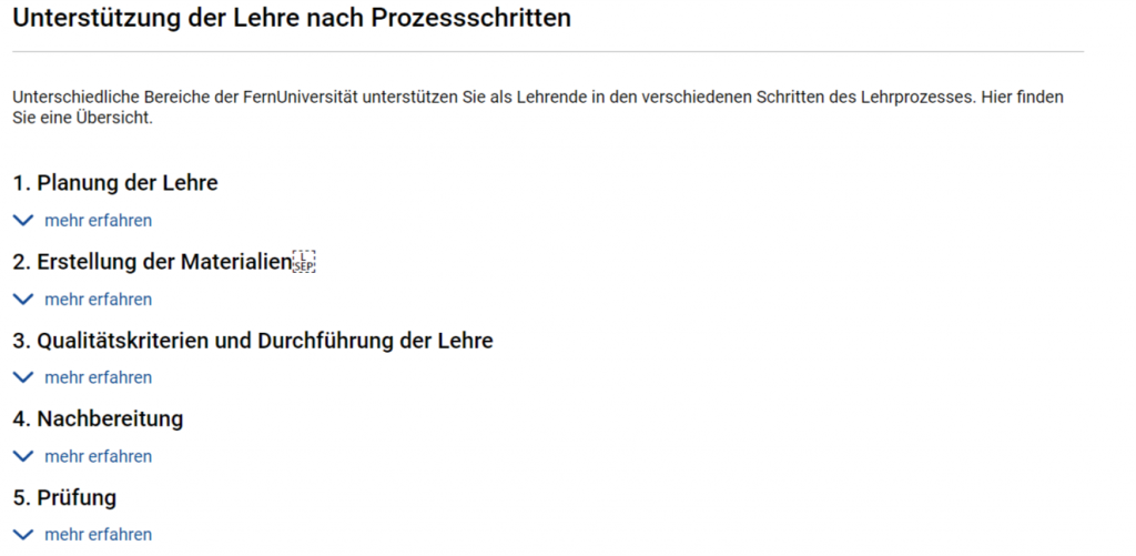 Screenshot Übersicht nach Prozessschritten auf der FernUni-Webseite für Lehrende