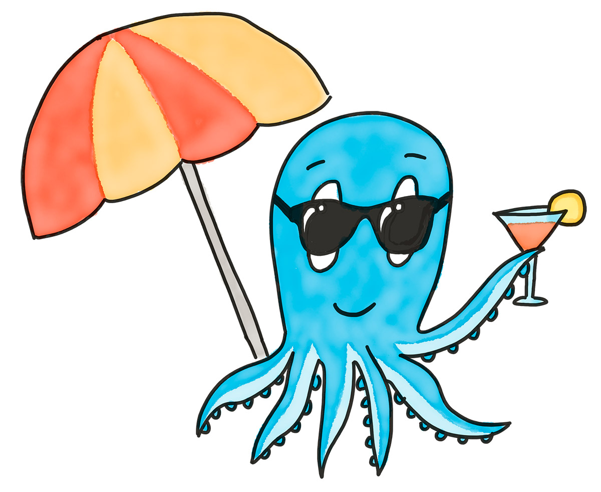 Sommerpause: Krake Paul mit Sonnebrille, Cocktail und Sonnenschirm