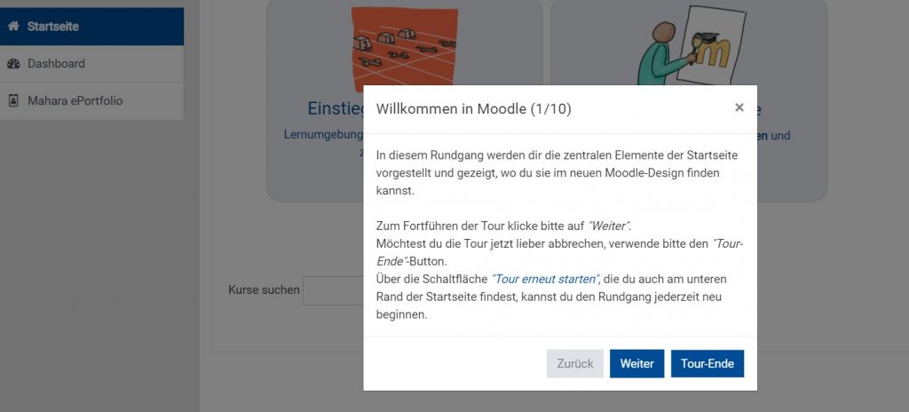 Screenshot Startbildschirm einer Moodle-User-Tour