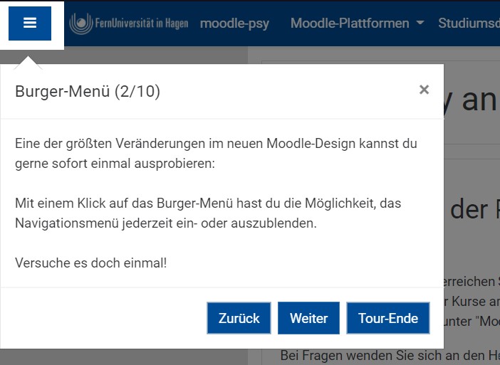 Screenshot eines interaktiven Elements in einer User-Tour: Beispiel Burger-Menü