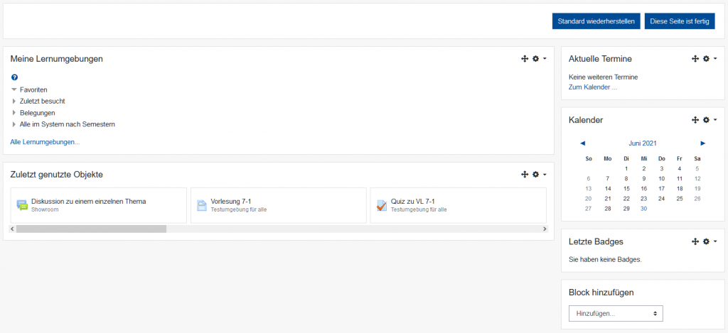 Screenshot vom Standard Dashboard in Moodle 3.9