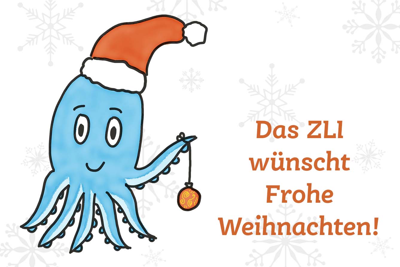 Krake Paulchen mit Weihnachtsmütze, Text: "Das ZLI wünscht Frohe Weihnachten"