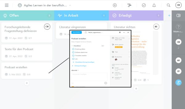 Screenshot Kanban-Board mit drei Spalten und diversen Aufgaben