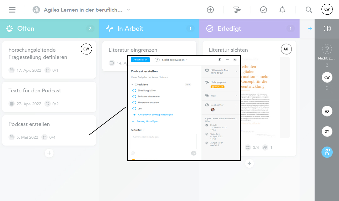 Screenshot Kanban-Board mit drei Spalten und diversen Aufgaben