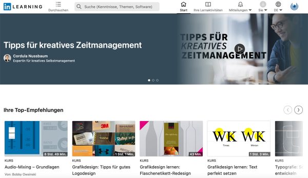 Screenshot der LinkedIn Learning Startseite