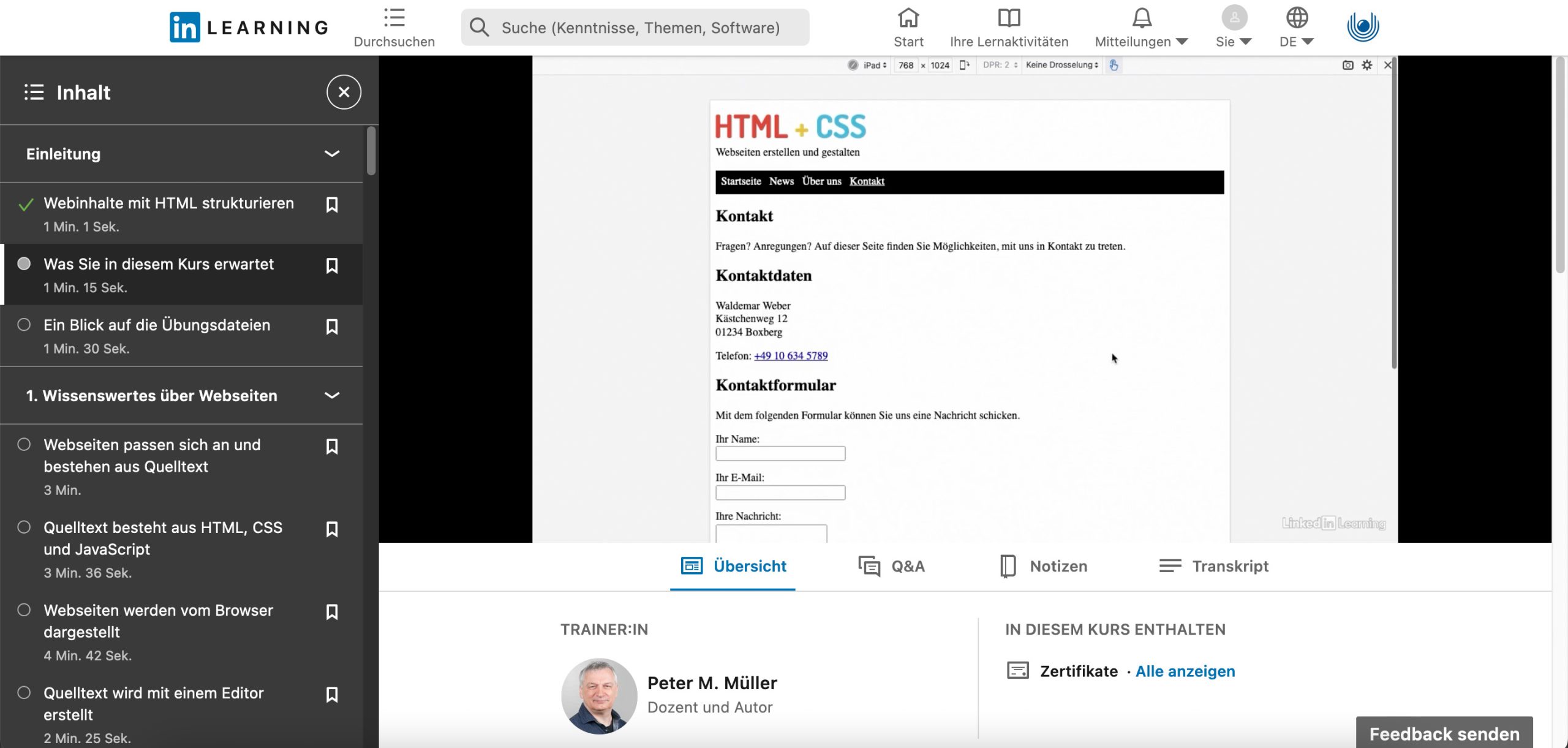 Screenshot eines Kurses auf LinkedIn Learning mit Kapitelstruktur, Videofenster und weiteren Infos