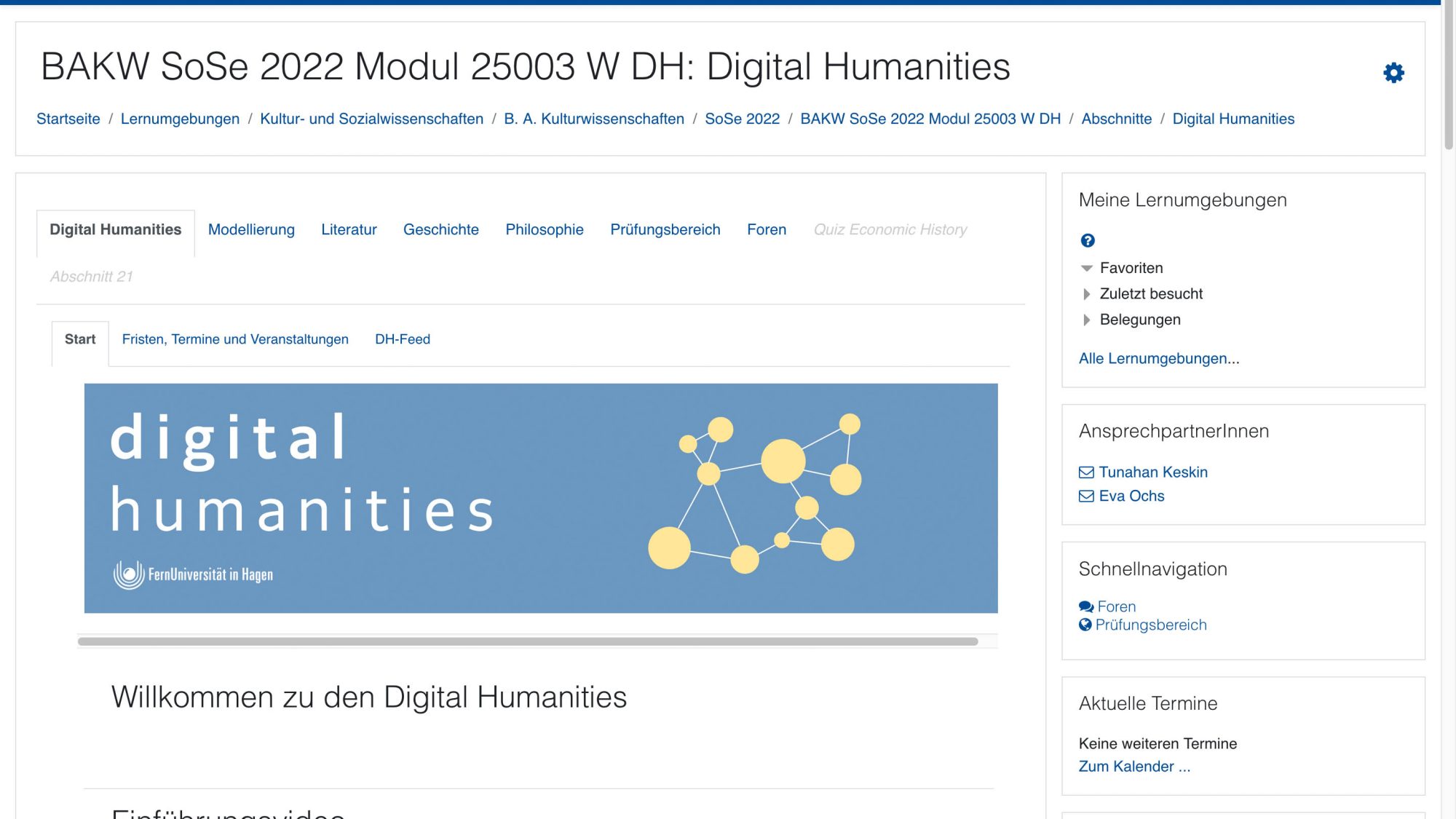 Screenshot der Startseite des Moduls Digital Humanities