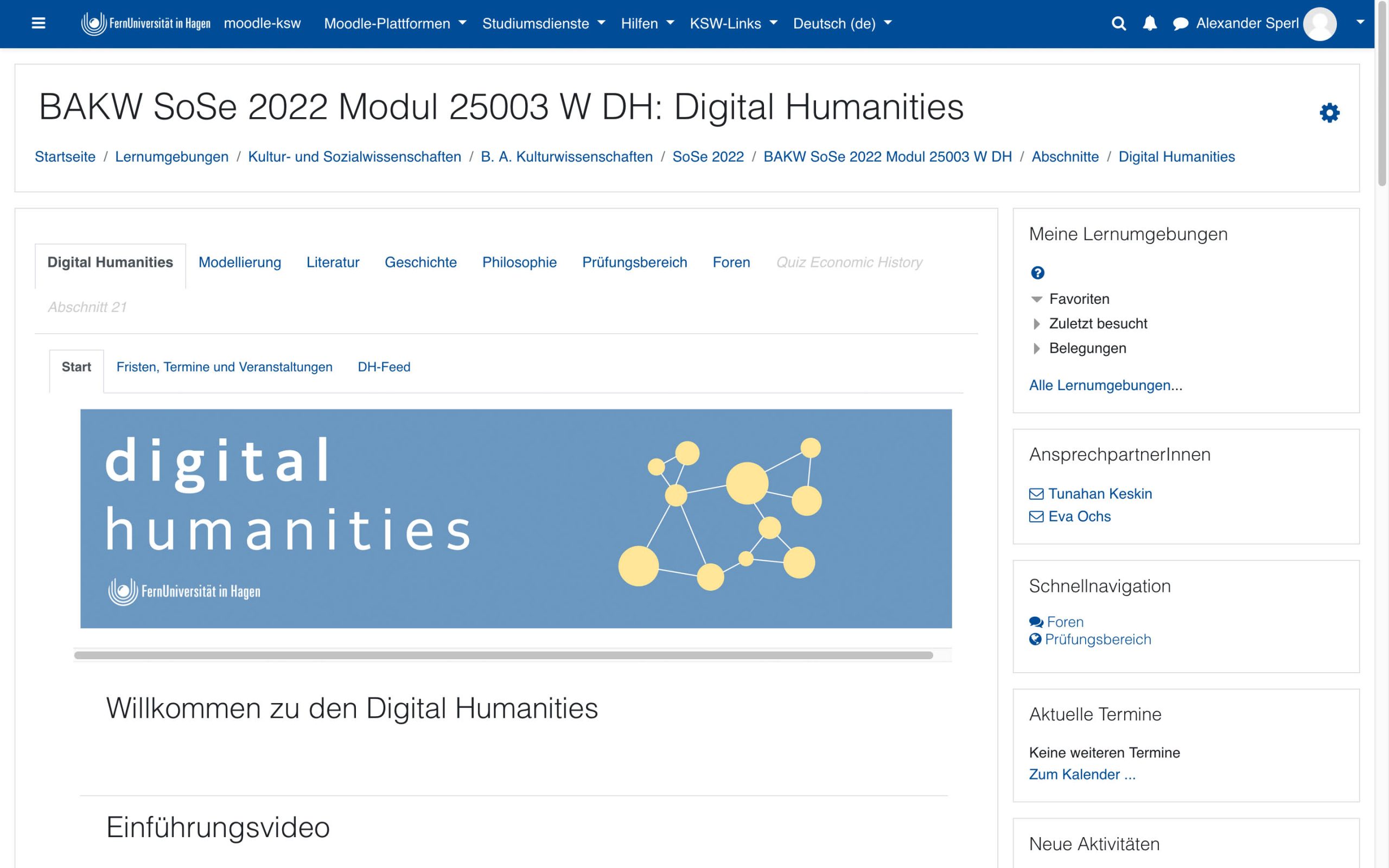 Screenshot der Startseite des Moduls Digital Humanities