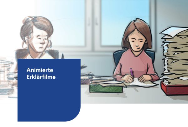 Beispielzeichnung von animierten Erklärfilmen mit FernUni Logo und dem Schriftzum Animierte Erklärfilme