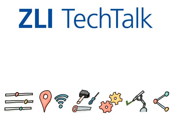 Schriftzug ZLI TechTalk, darunter einige Icons mit technischer Ausrichtung, z. B. WLAN-Symbol, Roboterarm etc.