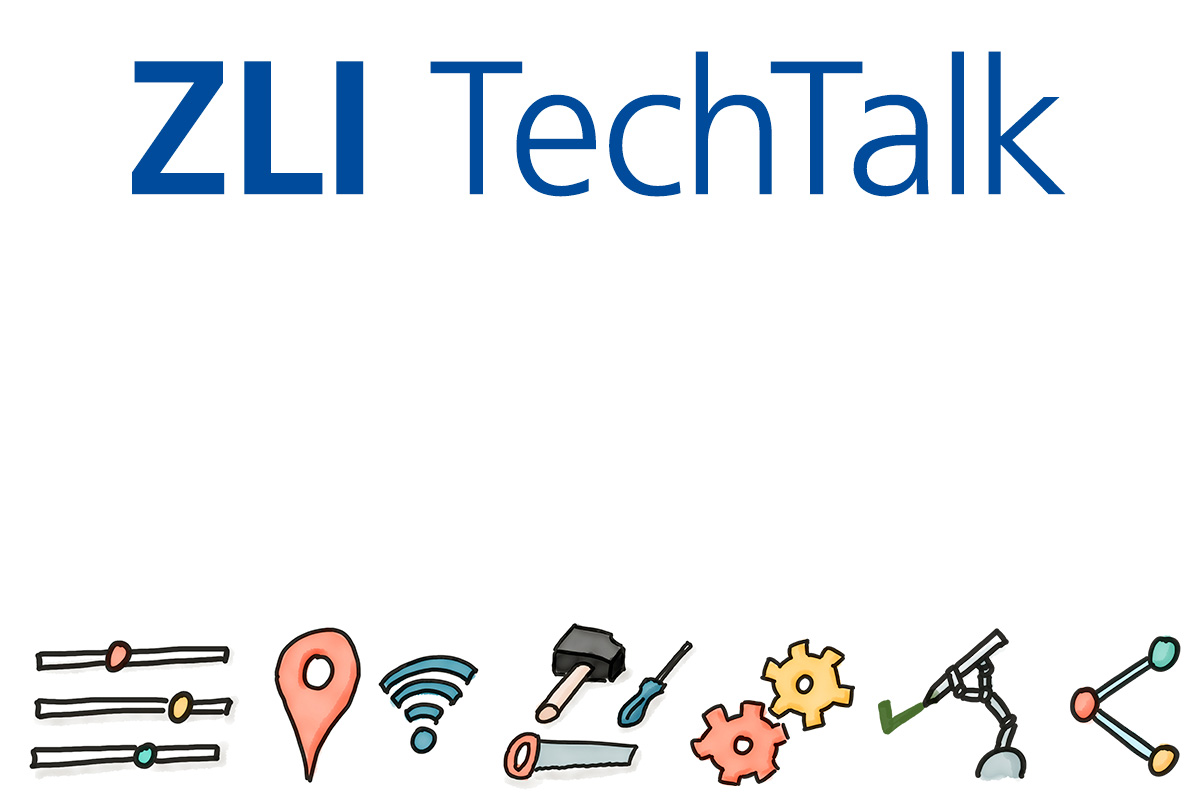 Schriftzug ZLI TechTalk, darunter einige Icons mit technischer Ausrichtung, z. B. WLAN-Symbol, Roboterarm etc.