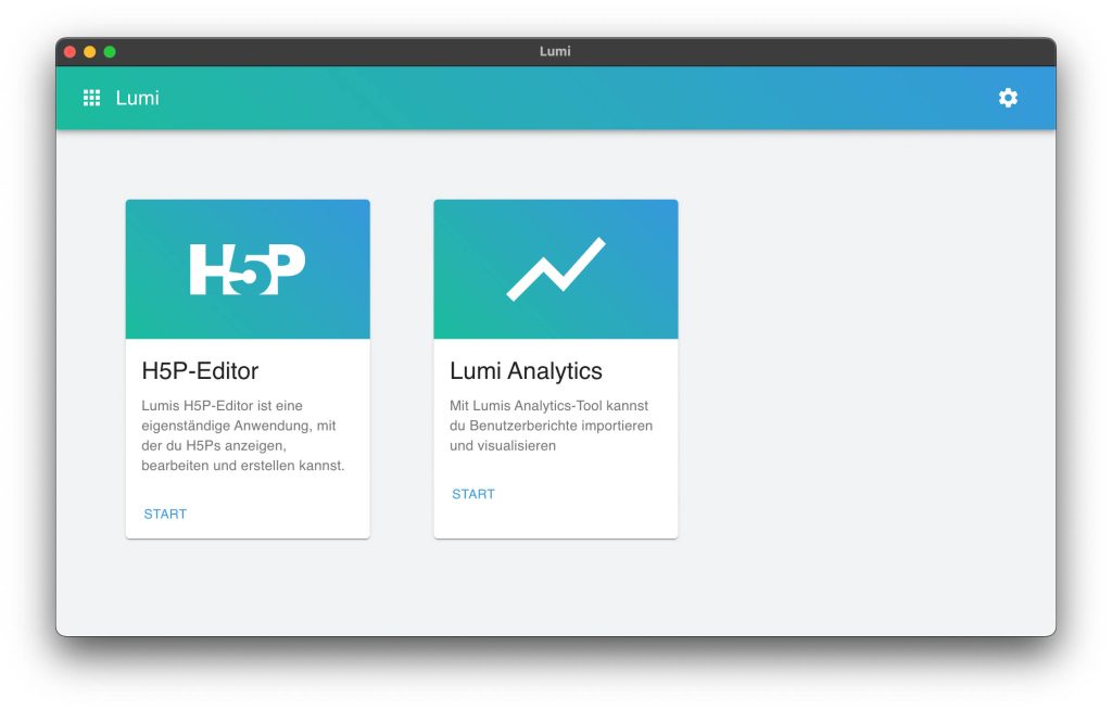 Screenshot Lumi: Start mit zwei Schaltflächen (Beschreibung im Text)