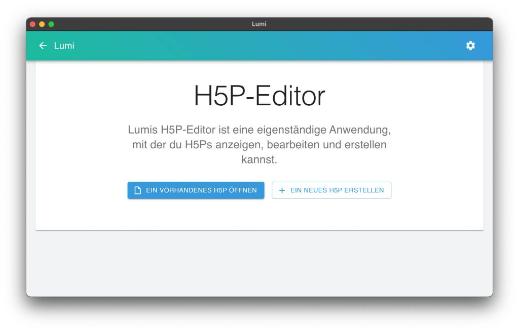 Screenshot Lumi: Abfrage "Ein vorhandenes H5P öffnen" oder "Ein neues H5P erstellen"