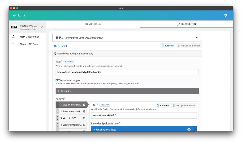 Screenshot Lumi: Bearbeiten eines Interactive Books