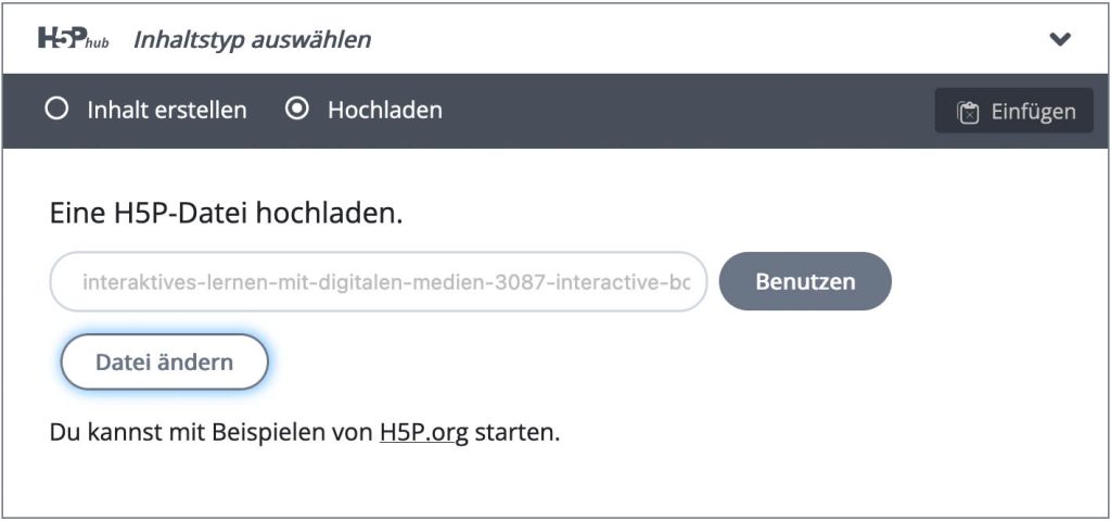 Screenshot Moodle: Editor-Bereich eines H5P-Elements