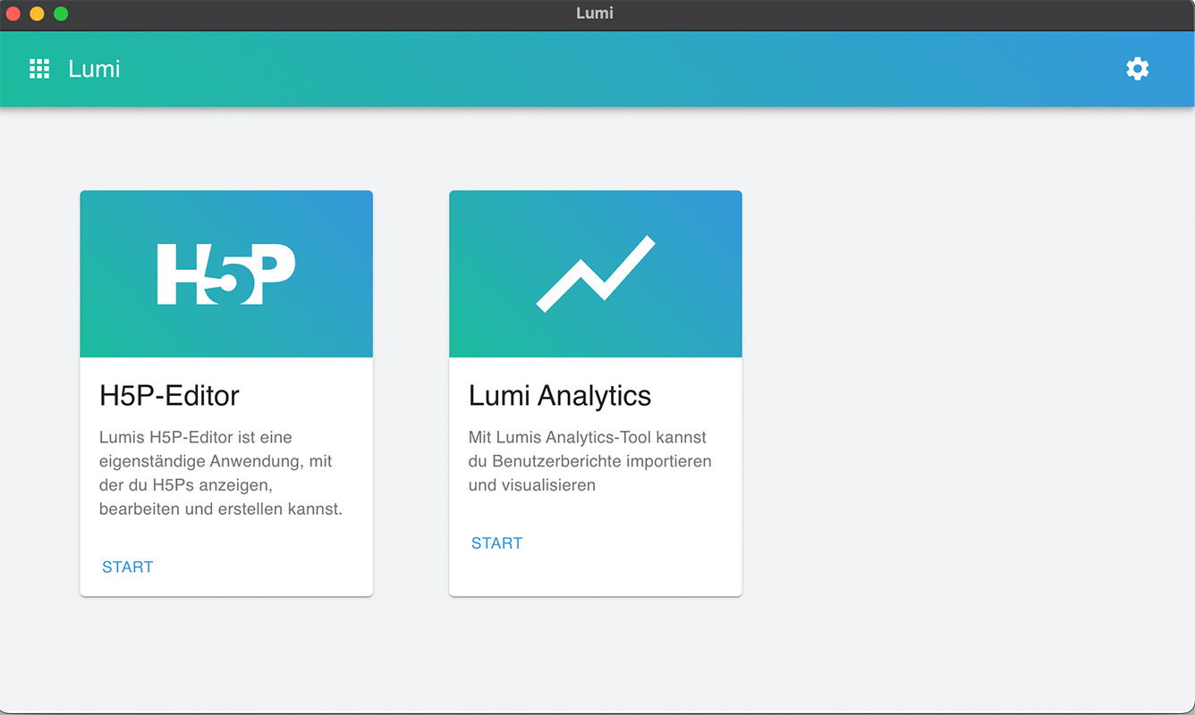 Screenshot der Startseite in Lumi mit den Optionen "H5P-Editor" und "Lumi Analytics"