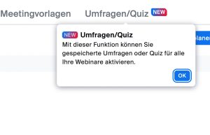 Screenshot aus der Zoom-Verwaltung mit dem neuen Menüpunkt "Umfrage/Quiz"