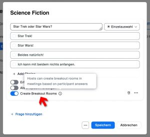 Screenshot mit dem Auswahlfenster, in dem die Zuordnung von Umfragen zu Break-Out-Räumen geregelt werden kann
