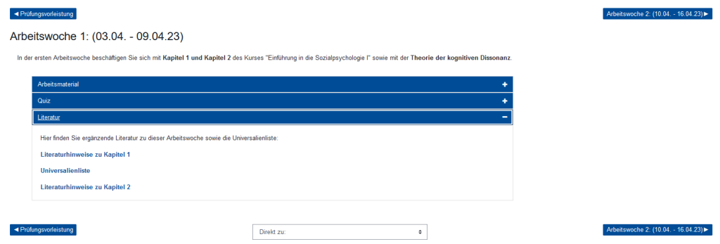 Screenshot mit der beispielhaften Darstellung einer Arbeitswoche in der Moodle-Lernumgebung