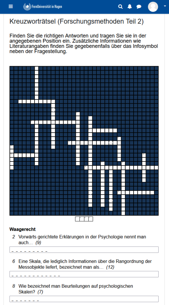 Screenshot des als H5P-Element neu gestalteten Kreuzworträtsels in der Moodle-Lernumgebung des Moduls "Sozialpsychologie"