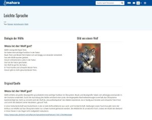 Screenshot einer Mahara-Seite, auf der in leichter Sprache der Wolf beschrieben wird