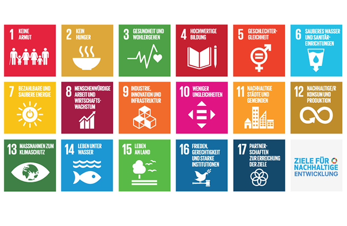 Grafik mit den 17 Zielen der nachhaltigen Entwicklung, Details: https://unric.org/de/17ziele/