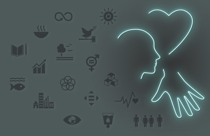 Icons der 17 Nachhaltigkeitsziele sowie „Herz“, „Kopf“ und „Hand“ als Lerndimensionen