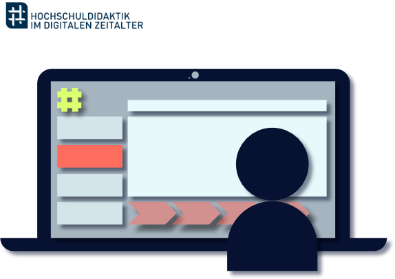 Logo "Hochschuldidaktik im digitalen Zeitalter", Grafik eines Laptops, angedeutete Elemente einer Lernumgebung auf dem Bildschirm, davor kleine eine Person