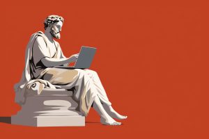 Bilder einer Statue von Sokrates mit einem Laptop auf den Knien, generiert mit Midjourney