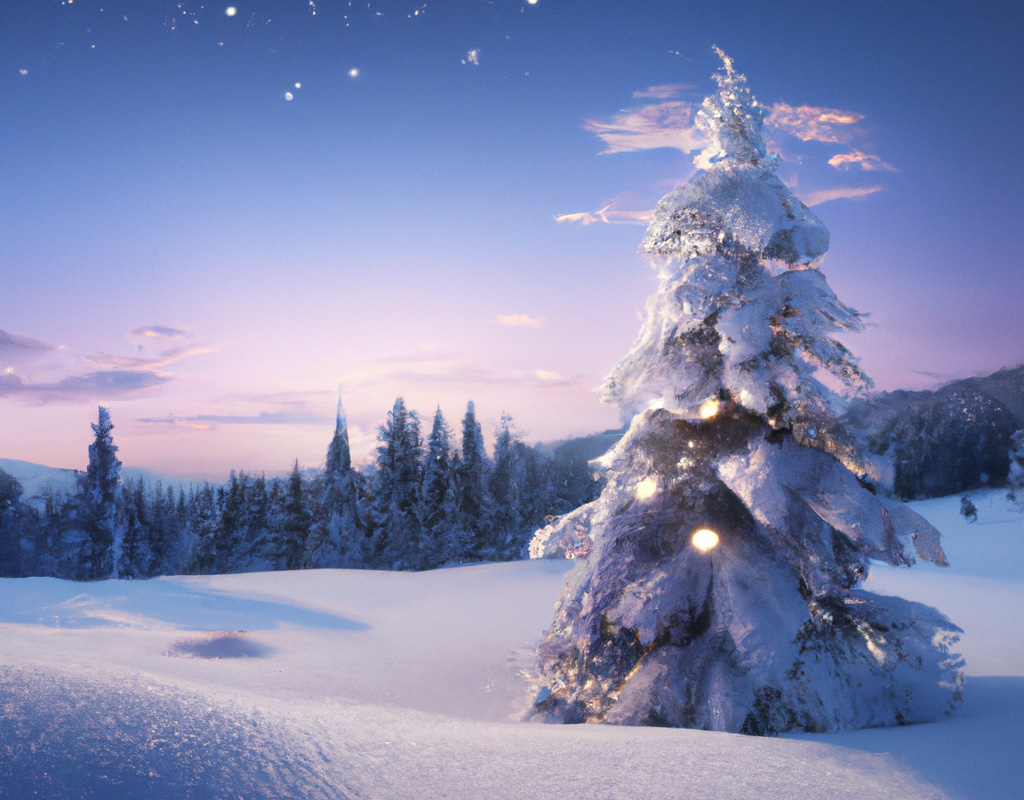 Foto einer Winterlandschaft mit einer einzelnen Tanne im Vordergrund. Auf der Tanne leuchten Lichter.