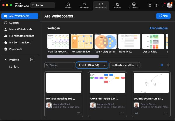 Der Screenshot zeigt ein Fenster in Zoom, in dem man Whiteboards aufrufen kann.