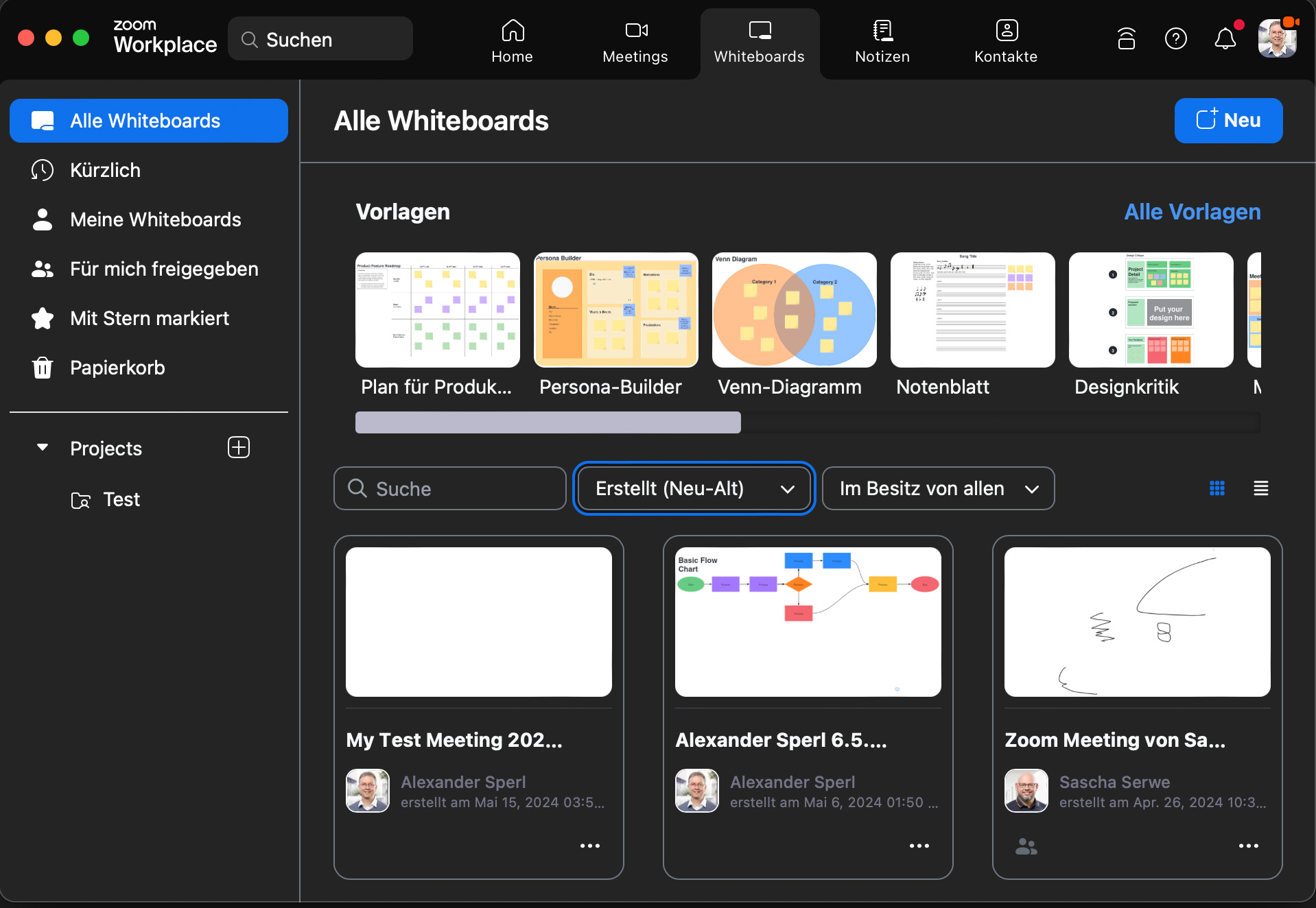Der Screenshot zeigt ein Fenster in Zoom, in dem man Whiteboards aufrufen kann.