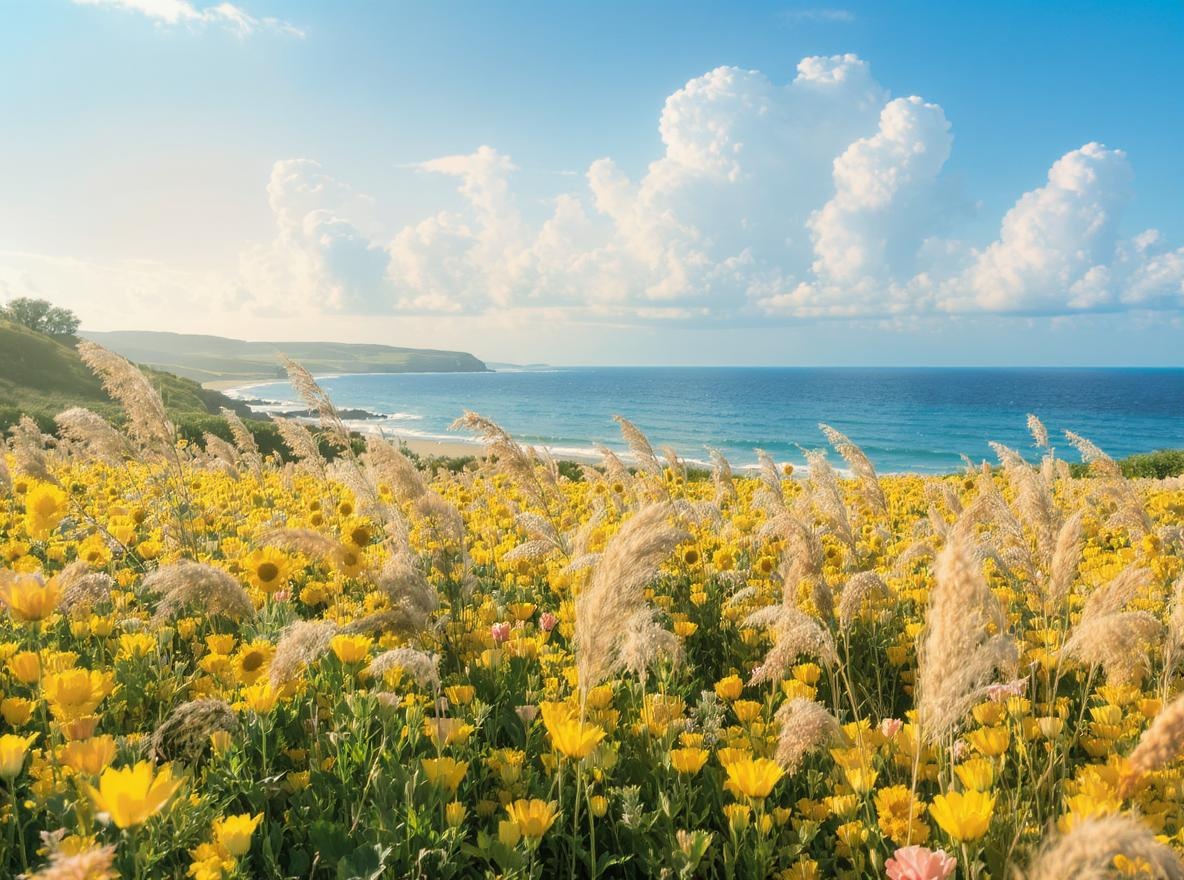 KI-generiertes Bild einer Meeresküste mit gelben Blumen im Vordergrund bei schönem Wetter