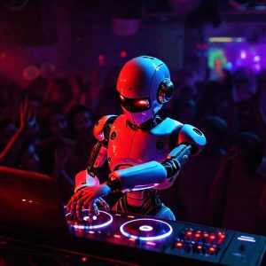 Ein Roboter, der an einem DJ-Pult steht und es bedient, während im Hintergrund Menschen tanzen