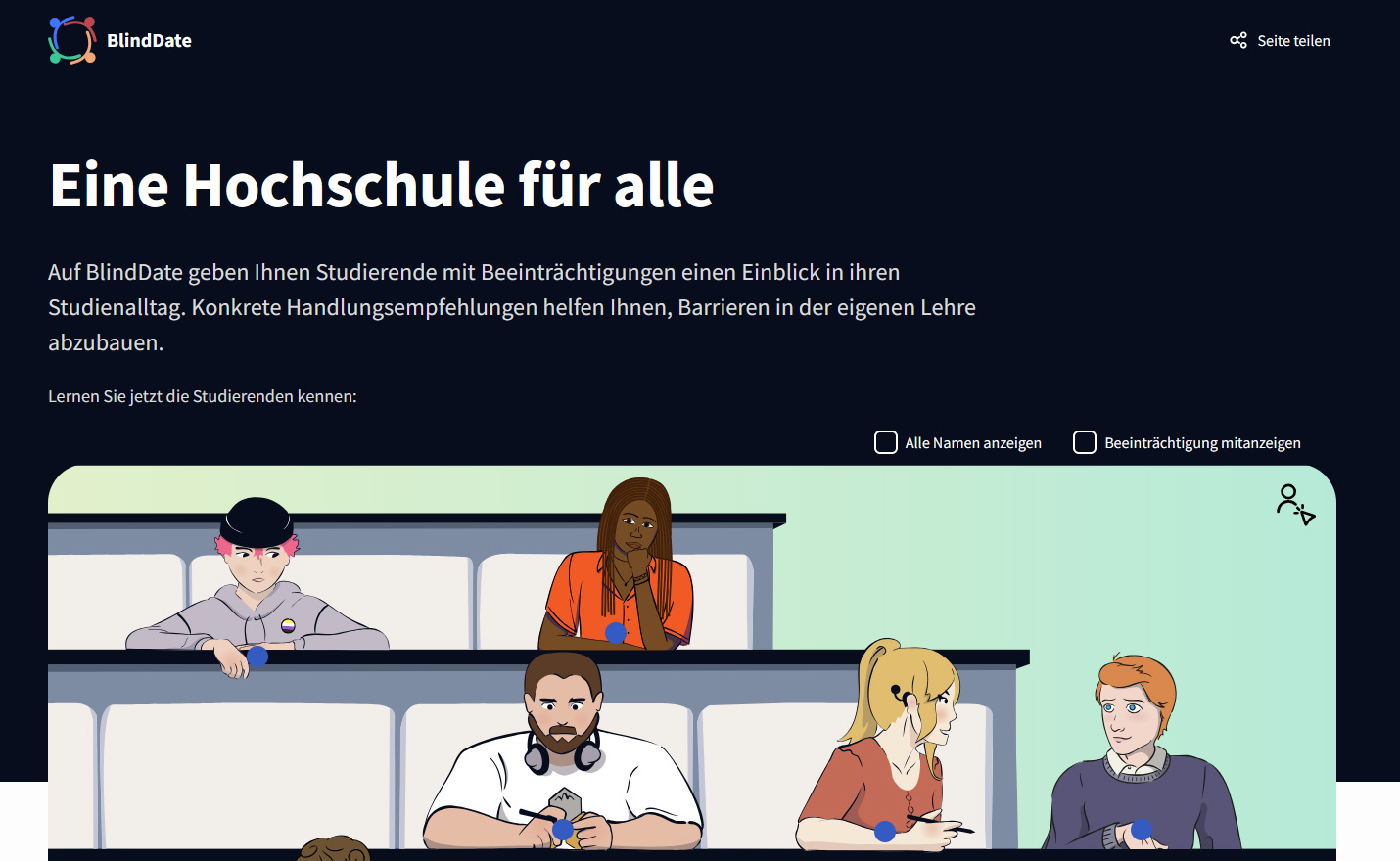 Screenshot der Startseite von BlindDate