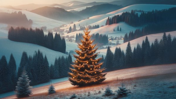 KI-generiertes Bild einer winterlichen Landschaft mit einem einzelnen, mit Lichtern geschmückten Baum im Vordergrund