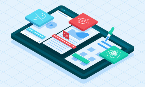 Diese farbenfrohe isometrische Illustration veranschaulicht die digitale Barrierefreiheit, den Zugang zu Websites, digitalen Tools und Technologien für Menschen mit Behinderungen.