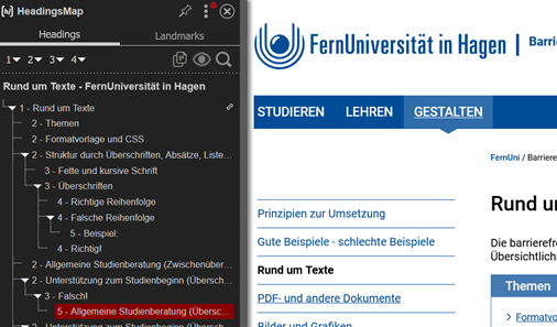 Gezeigt wird die Webseite der Fernuni mit einem Browsertool, das die Ebenen der Überschriften auf der Seite anzeigt.