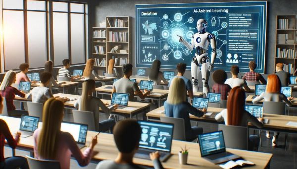 Klassenraum mit Lernenden und einem Roboter als Lehrkraft