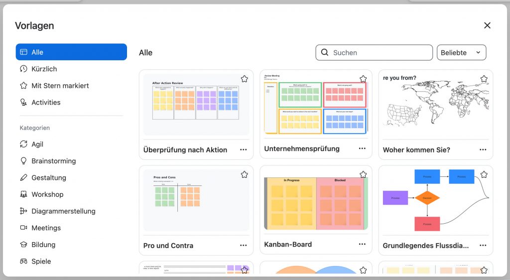 Screenshot des Vorlagen-Fensters im Zoom Whiteboard mit einzelnen Vorschaukacheln