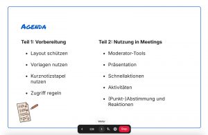 Screenshot der Präsentationsansicht im Zoom Whiteboard mit einer Agenda-Folie mit den Punkten der beiden Tipps und Tricks Beiträge