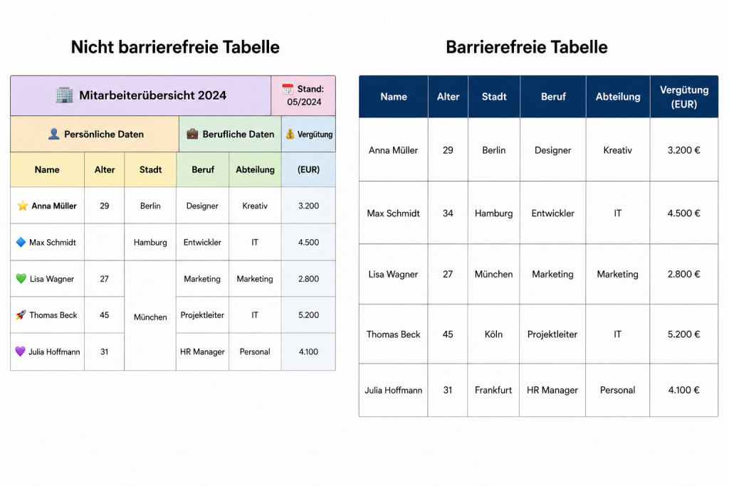 Barrierefreie und nicht barrierefreie Tabelle im Vergleich