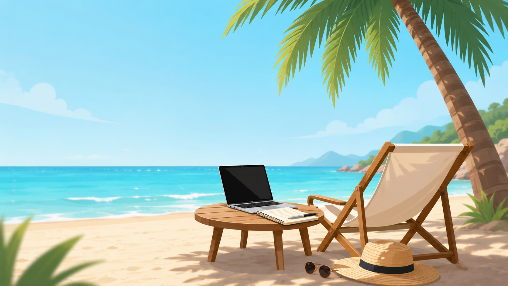 Sommerliche Strandillustration mit Liegestuhl, Laptop und Notizbuch unter einer Palme.
