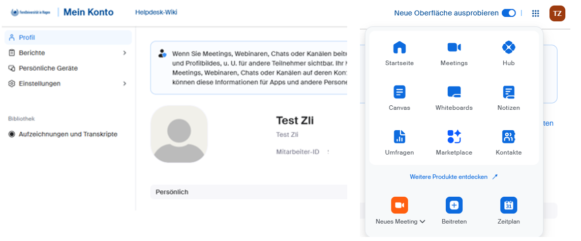 Screenshot: Zoom neue Weboberfläche