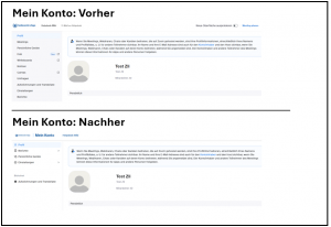 Screenshot: Zoom Weboberfläche Vergleich Mein Konto vorher und nachher