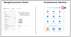 Screenshot: Zoom Weboberfläche Produktmenü Vergleich vorher und nachher