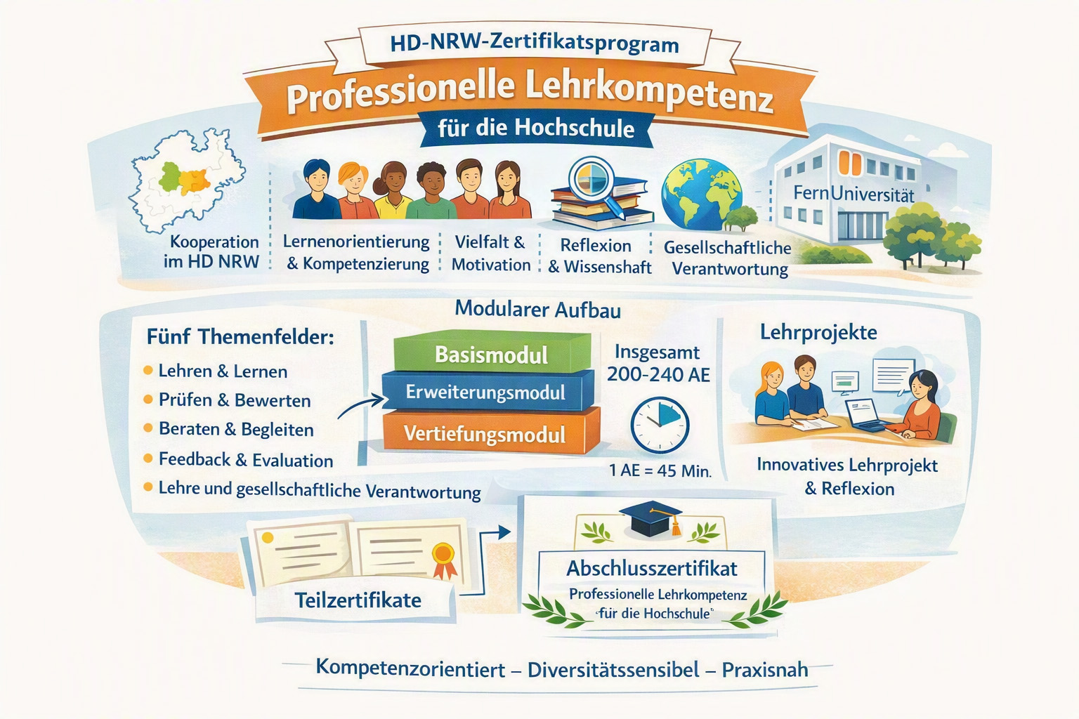 Illustration, die wichtigsten Element des Zertifkatsprogramms wie die Module und Themenfelder darstellt