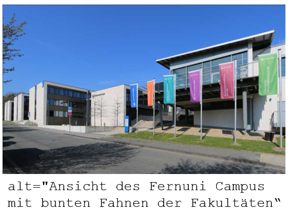 Ansicht des FernUni-Campus mit bunten Fahnen der Fakultäten und eingeblendetem Alt-Text.