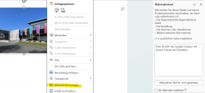 Screenshot: Foto eingefügt in MS Word, Menü für Alternativtext ist geöffnet.